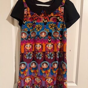 Vibrant Nesting Doll Dress with Black Peter Pan Collar